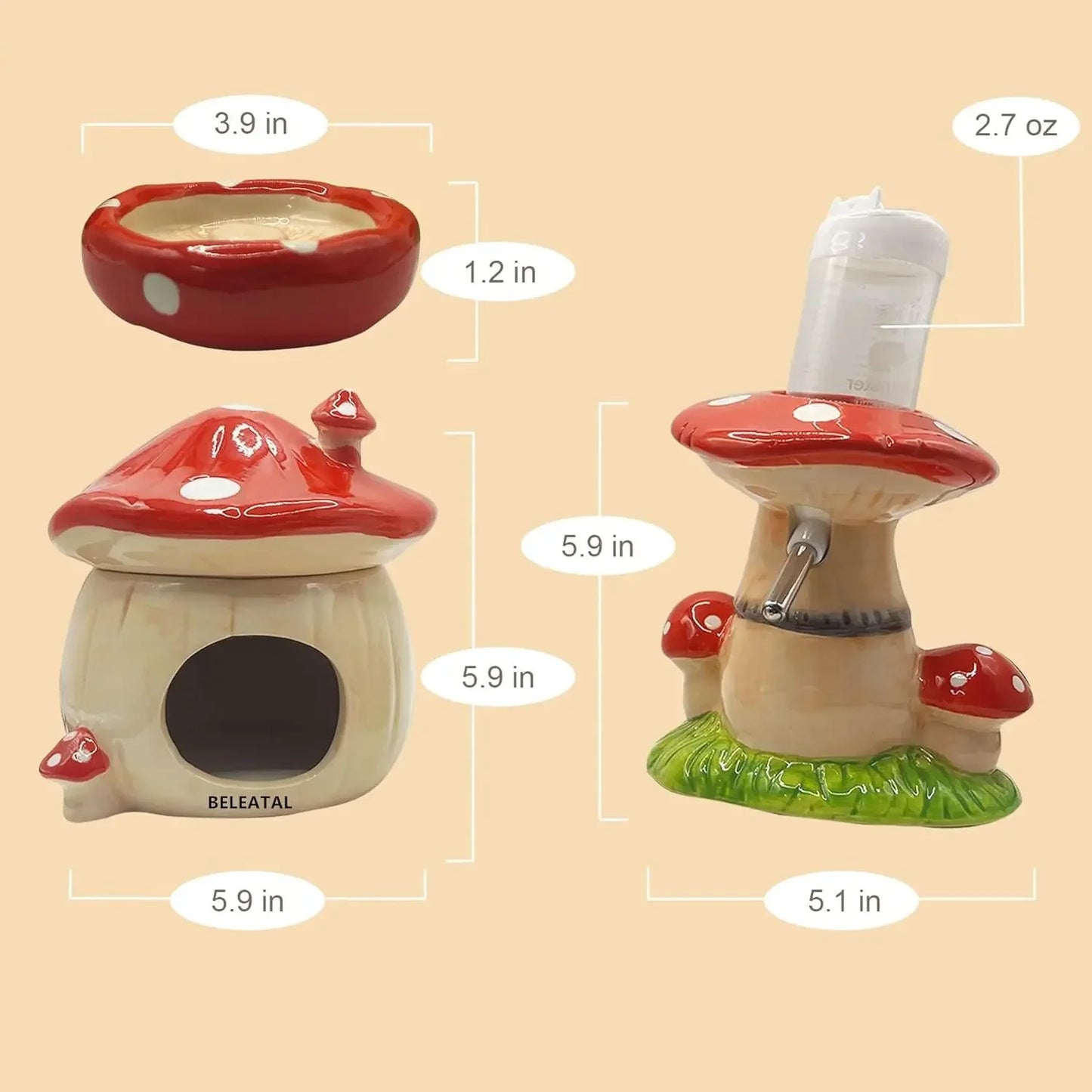 Mushroom Ceramic Hamster Hideout With Water Bottle Stand And Bowl