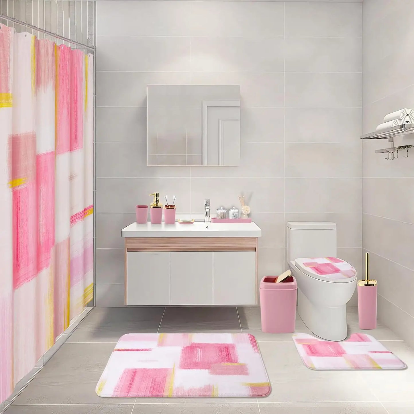 Bathroom Accessories Set With Shower Curtain, Rugs, Trash Can, Dispenser