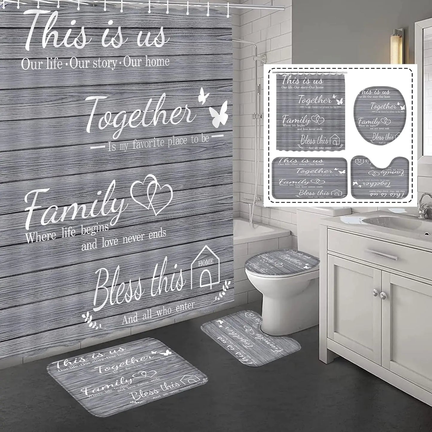 4 Piece Bathroom Set Waterproof Curtain Rugs Toilet Mat