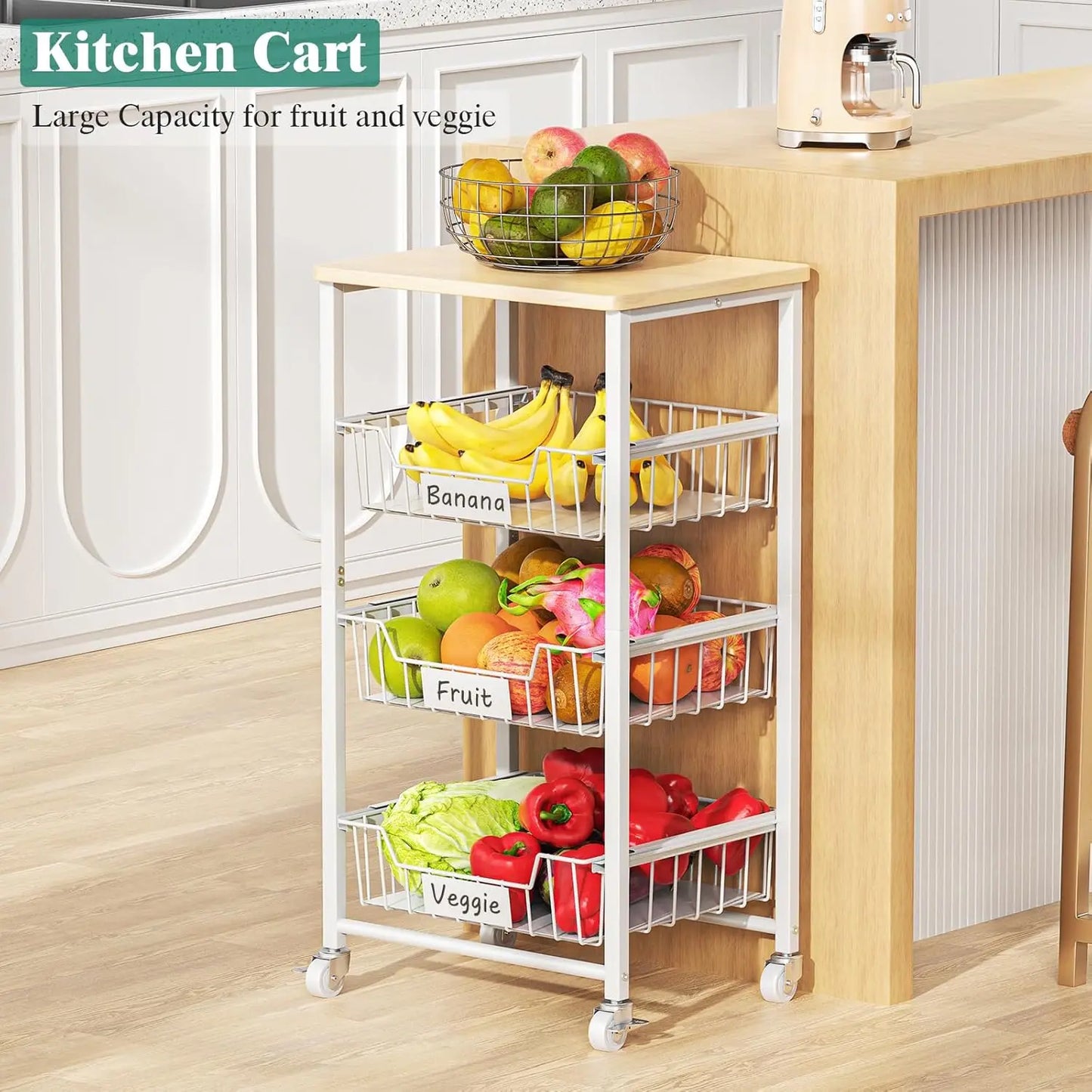 4-Tier Rolling Kitchen Cart With Wood Top And Drawer Baskets
