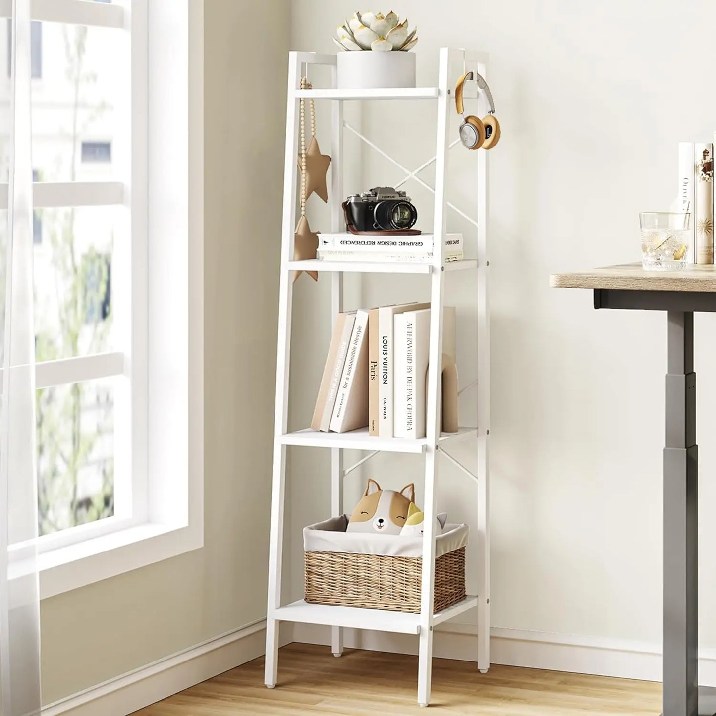 XIUWO Ladder Shelf Bookshelf With 2 Hooks Freestanding Corner Storage