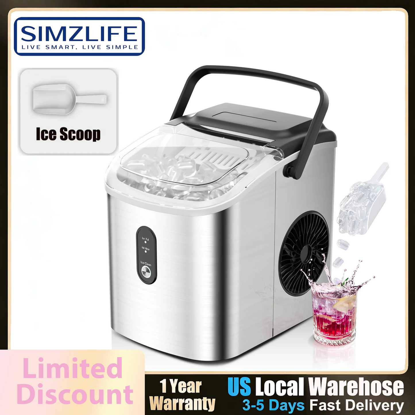 SIMZLIFE Portable Ice Maker With Handle 26 Lbs Per Day