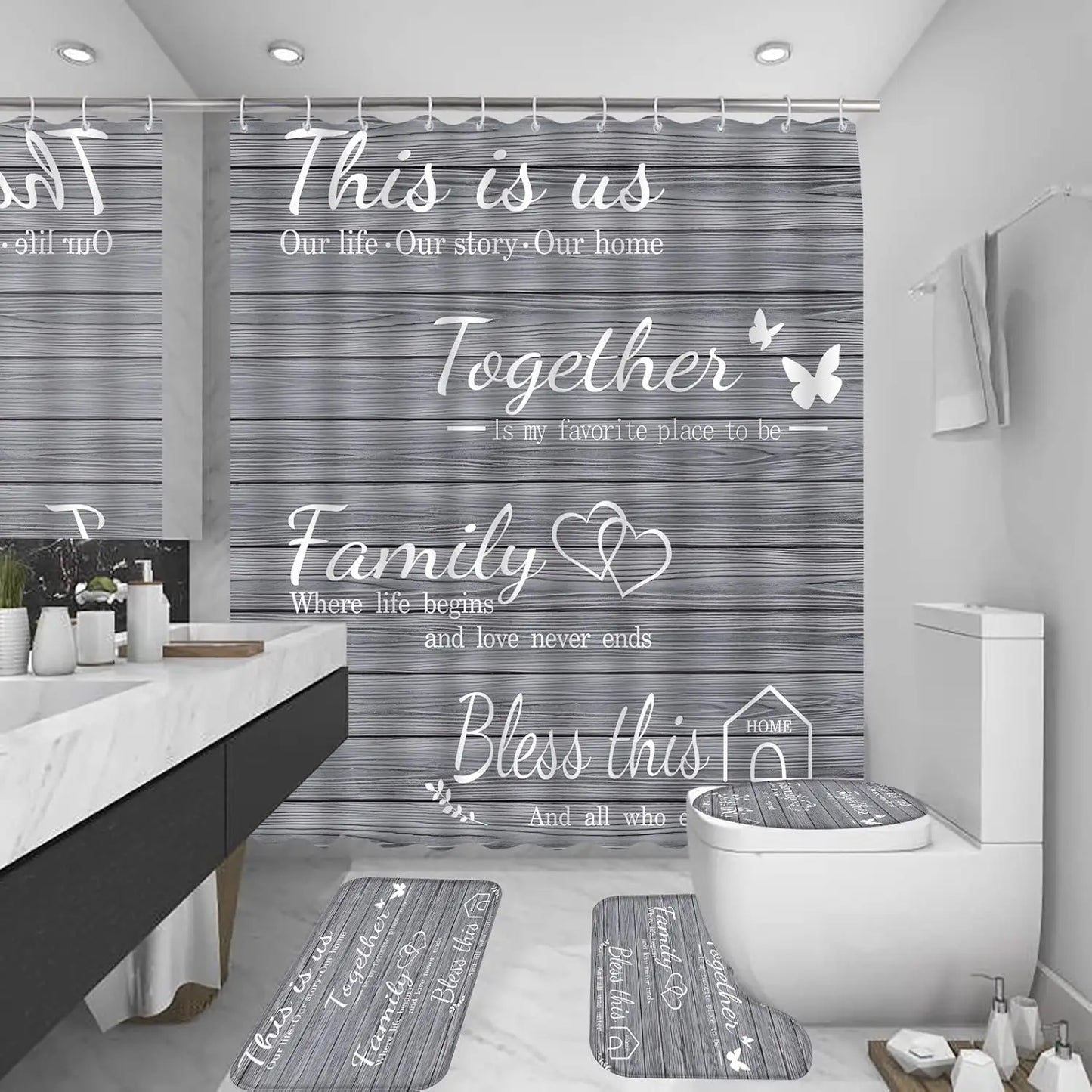 4 Piece Bathroom Set Waterproof Curtain Rugs Toilet Mat