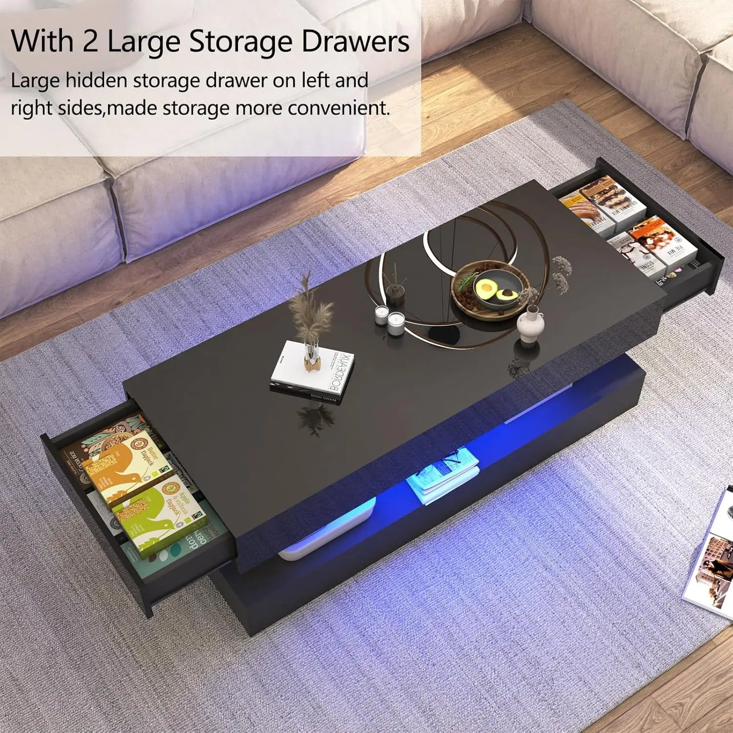 QiaoShiRen Modern LED Coffee Table With Double Layer Drawers