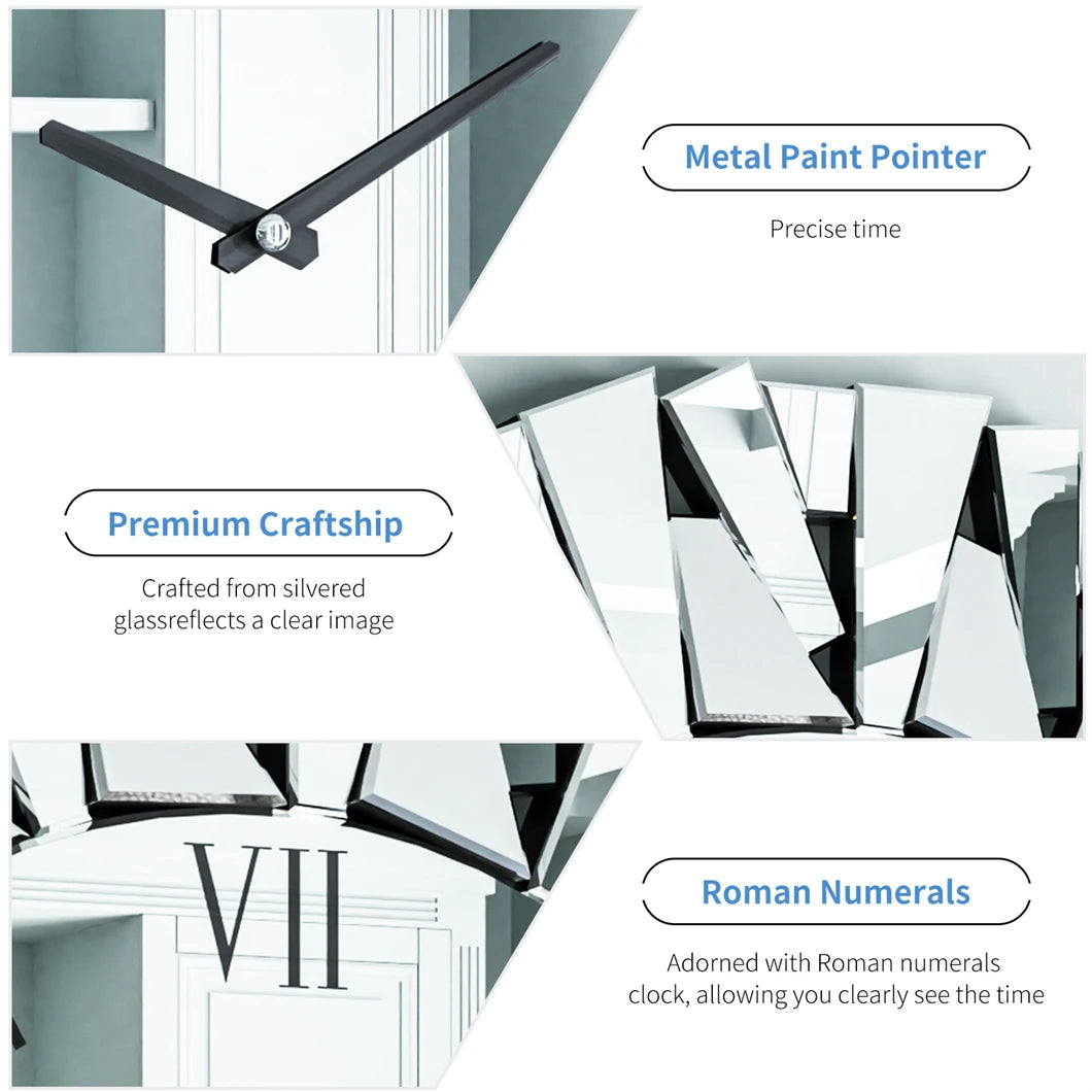 3D Mirrored Round Sunburst Wall Clock Roman Numerals