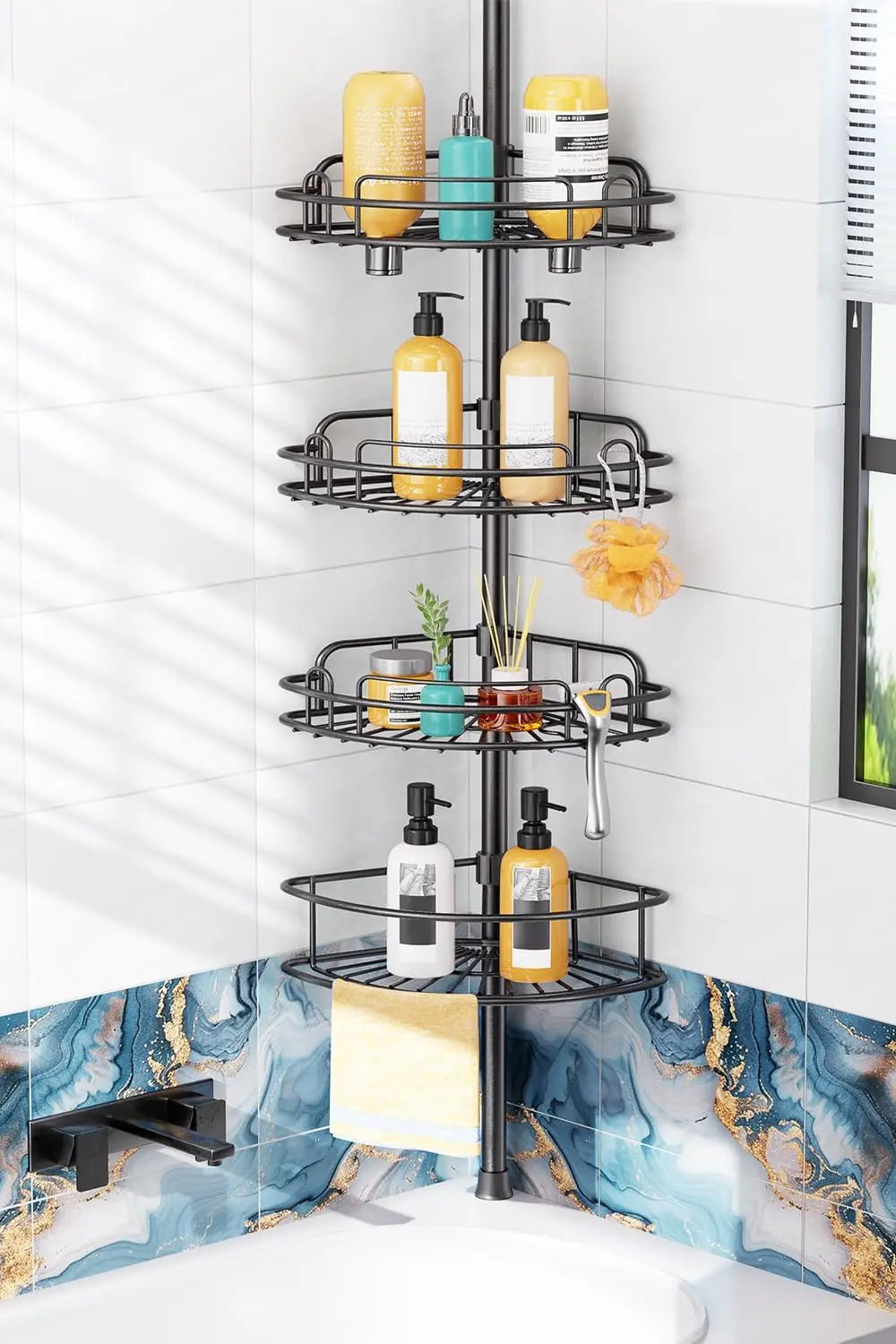 Rustproof 4-Tier Adjustable Shower Caddy Tension Pole No Drill