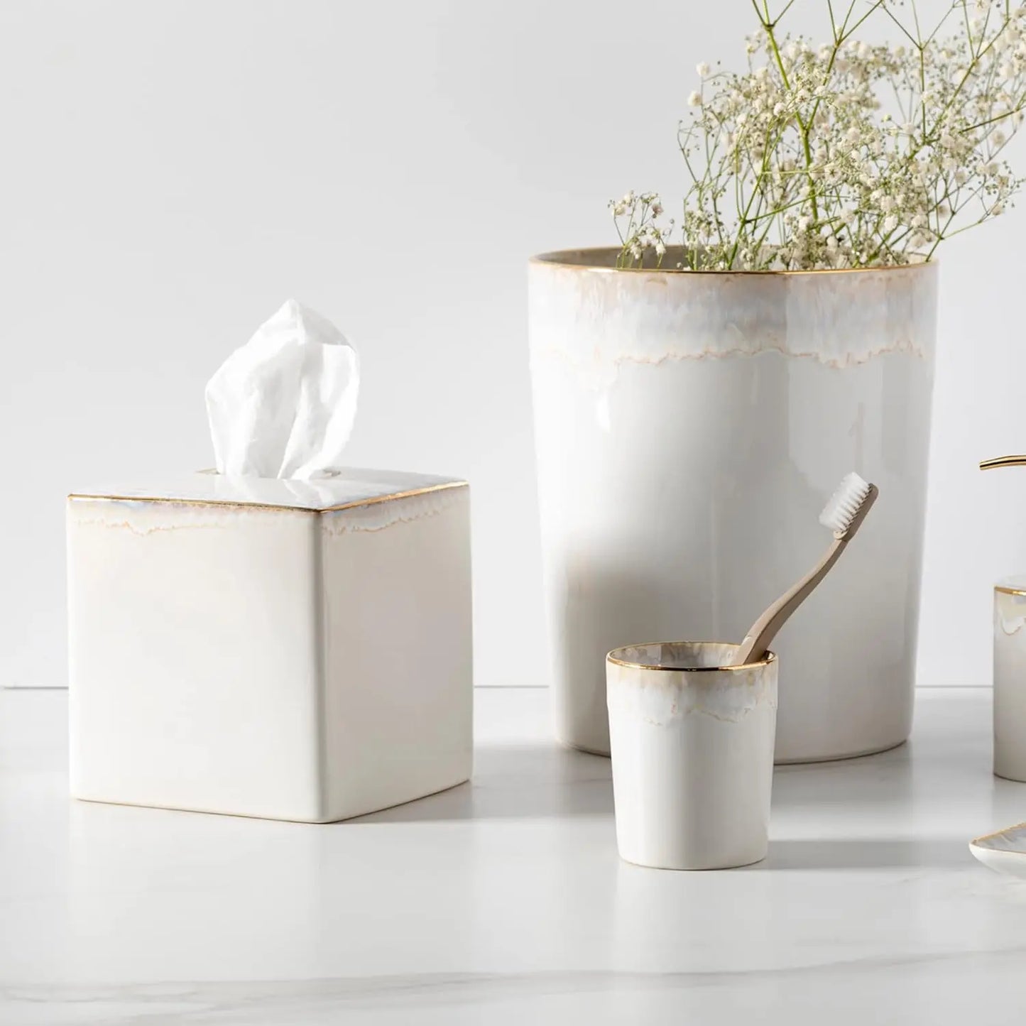 Ceramic Wastebasket in Taormina Collection, White Stoneware Bathroom Trash Can, 8 Inch Quality Bath Decor