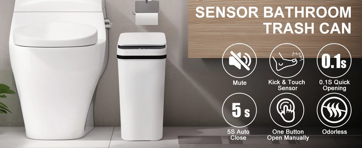 2 Pack 12L Bathroom Automatic Trash Cans Touchless Motion Sensor Slim with Lid for Bathroom Bedroom Living Room Office White