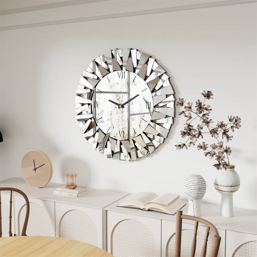 3D Mirrored Round Sunburst Wall Clock Roman Numerals