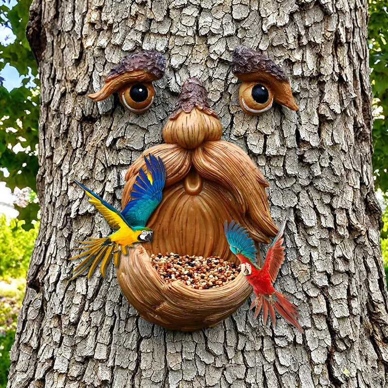 Tree Face Bird Feeder Outdoor Old Man Sculpture Garden Decor