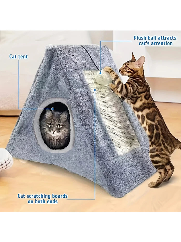 Pet bed suitable for cats under 15 pounds with plush toy ball cat scratching board