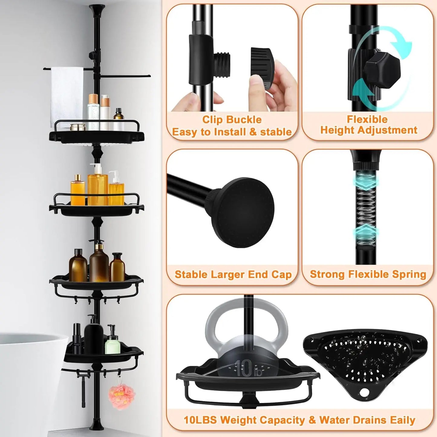 4-Tier Adjustable Shower Caddy With Tension Pole