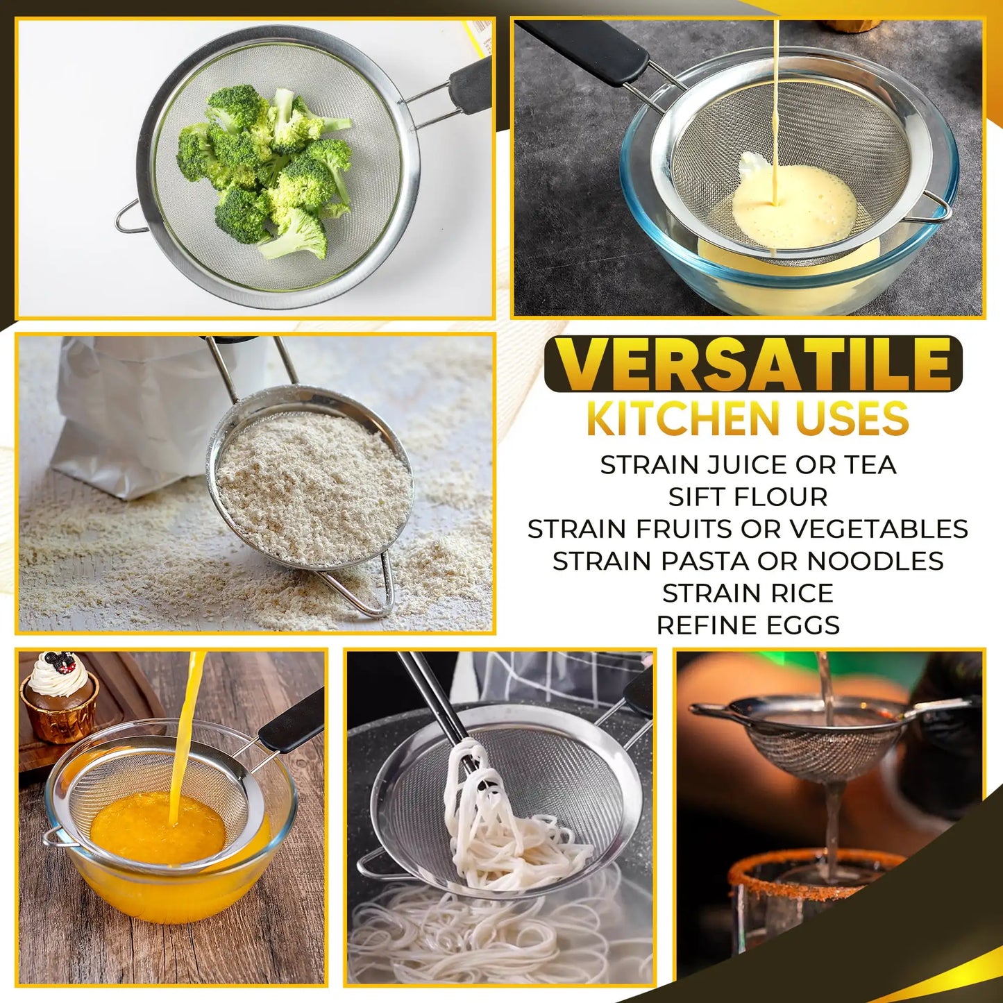 3 Pcs Fine Mesh Strainers Set of 3 Size with Handle,3.4",5.5",7.9" Kitchen Stainless Steel Strainer for Juicing,Pasta,Food,Flour