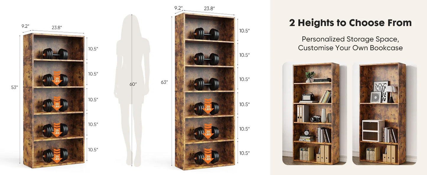 JHK 6 Tier Wooden Shelf Bookcase Floor Standing Living Room