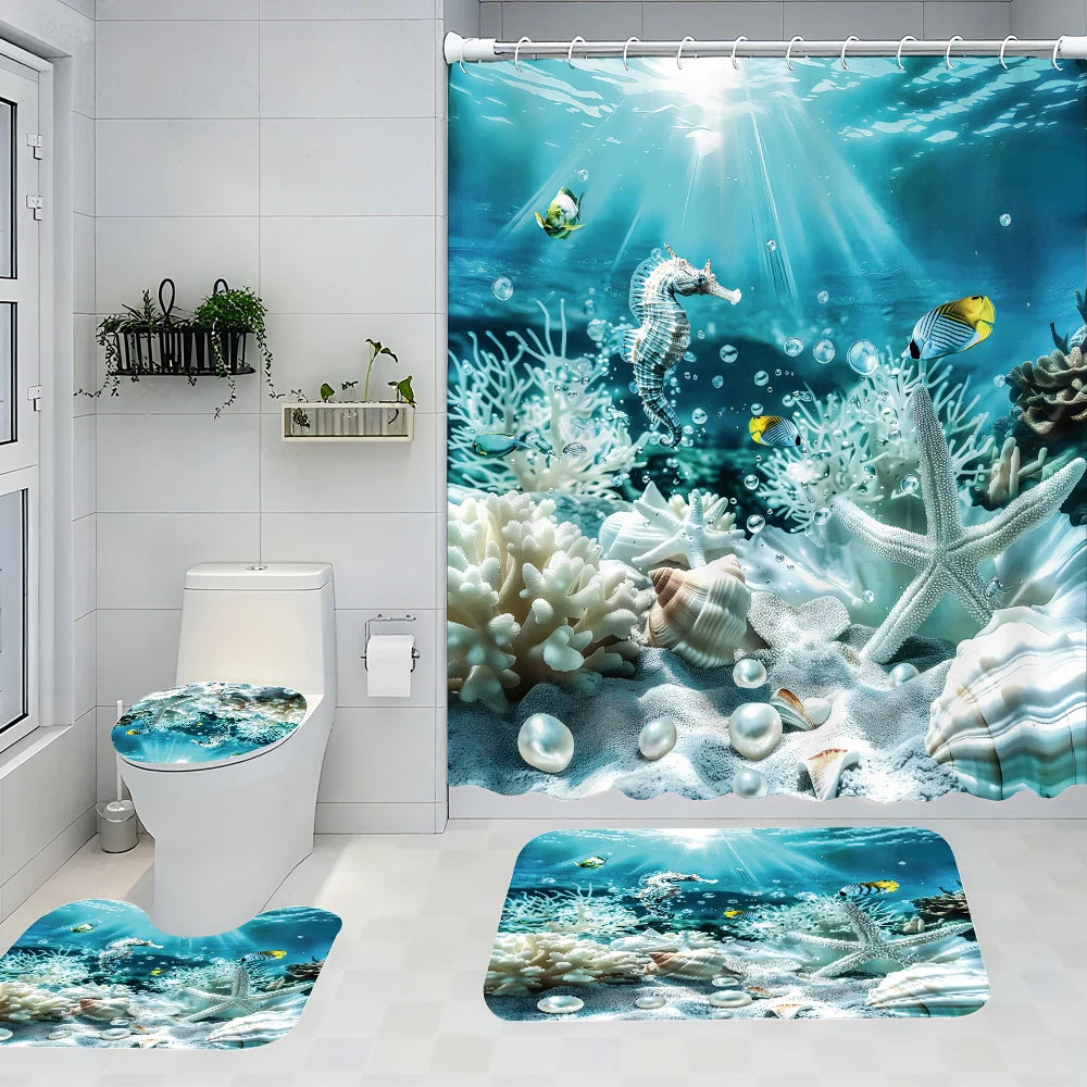 Ocean Bathroom Four-piece Set - Avant-garde Waterproof Shower Curtain, creating a complete bathroom kit