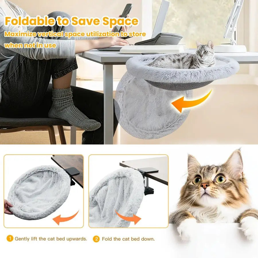 Cat Desk Bed With Clamp, Sunken Hammock And Plush Bed