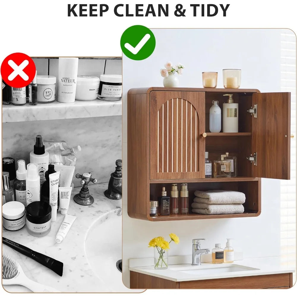 Wall Mounted Mid Century Wood Bathroom Cabinet With Adjustable Shelf