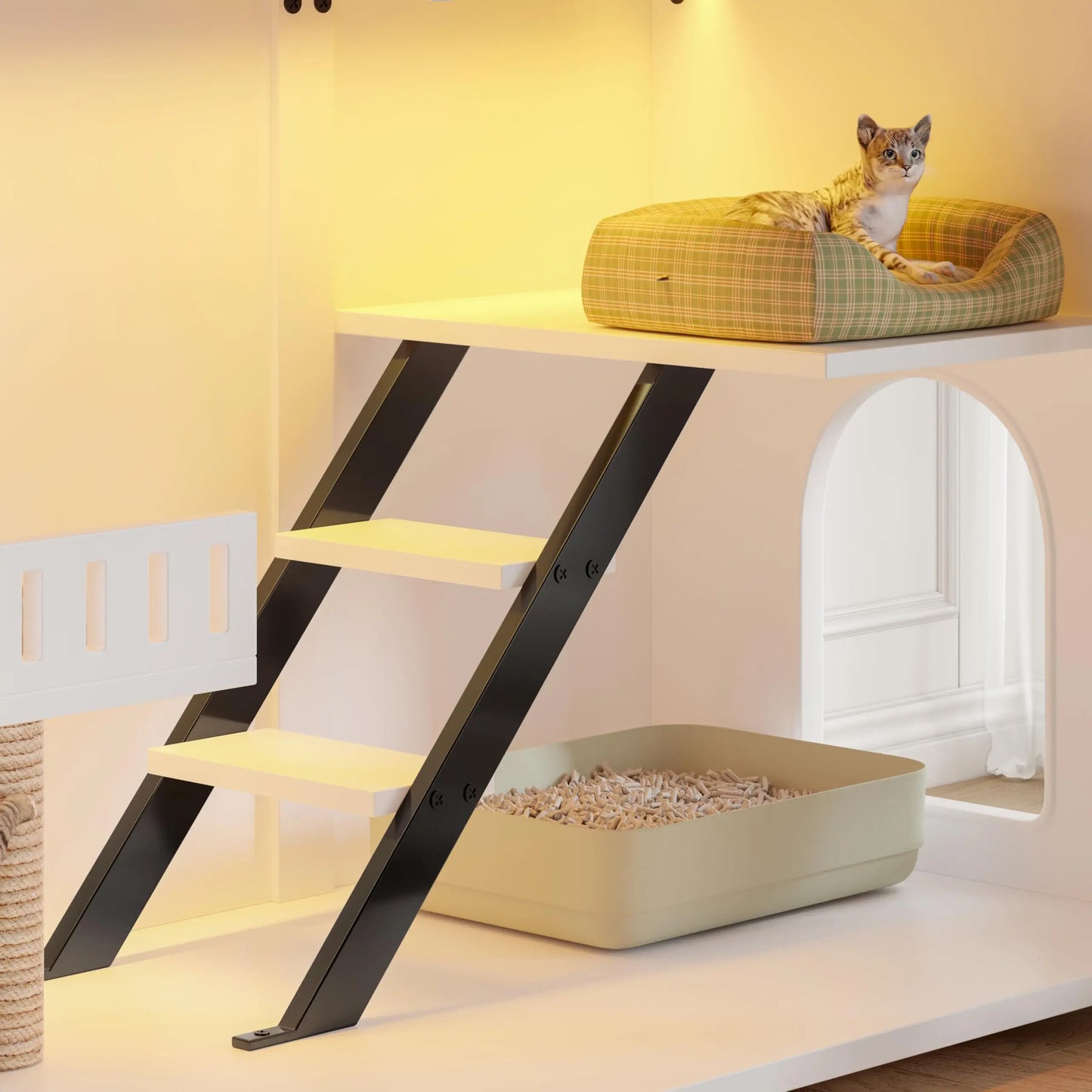 Cat House Hidden Litter Box Enclosure With LED Light
