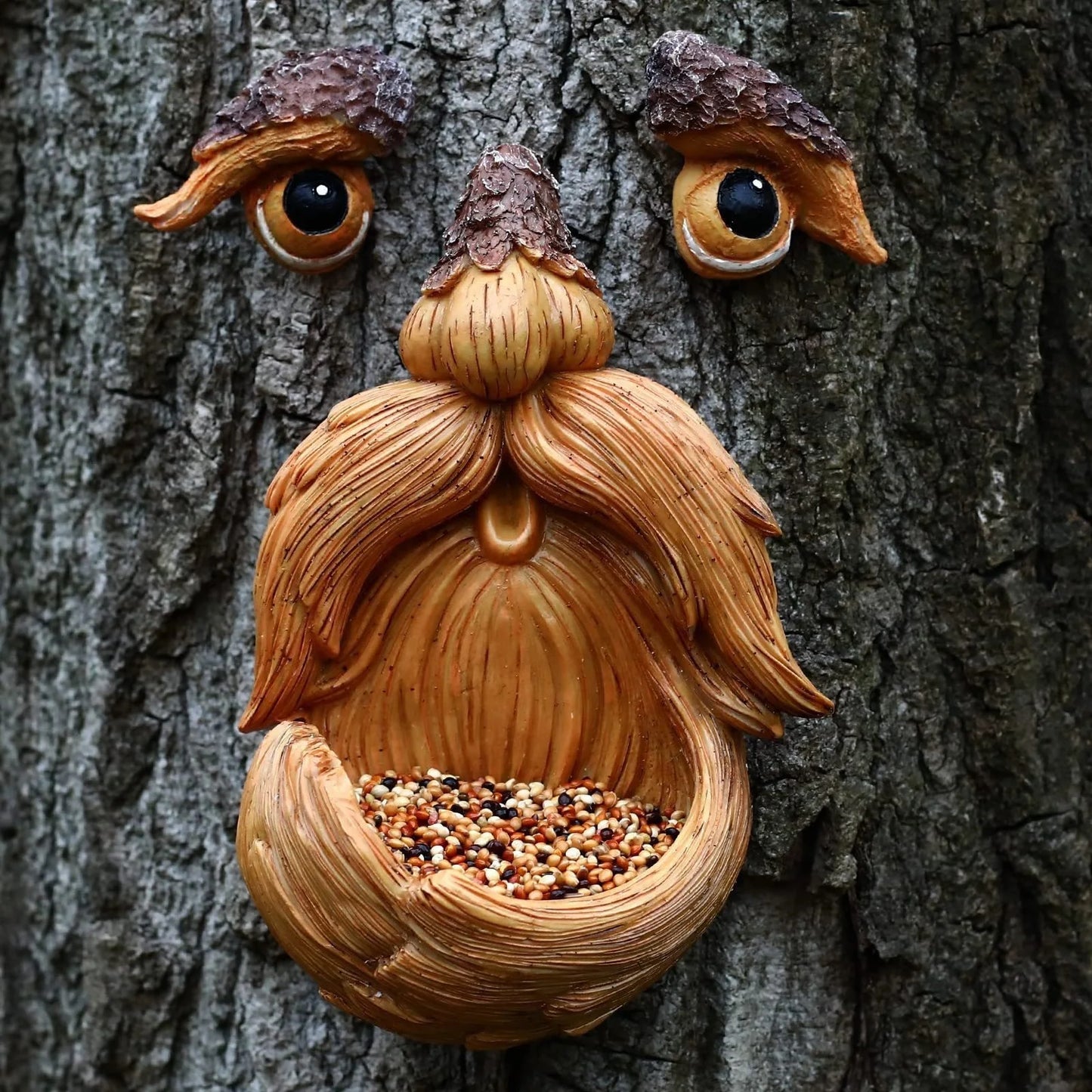 Tree Face Bird Feeder Outdoor Old Man Sculpture Garden Decor