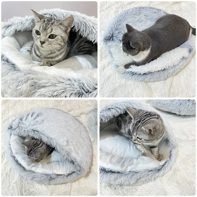 Winter Ultrasoft Plush Round Cat Bed 2 In 1 DeluxeNest