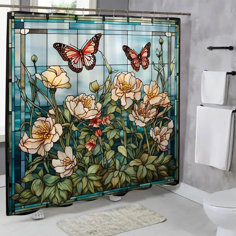 Colourful Glass Meadow Flower Butterfly Print Polyester Fabric Shower Curtain Home Hotel Apartment Bathroom Shower Curtain Decor