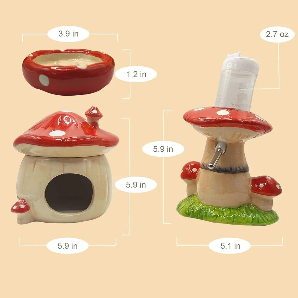 Mushroom Ceramic Hamster Hideout With Water Bottle Stand And Bowl