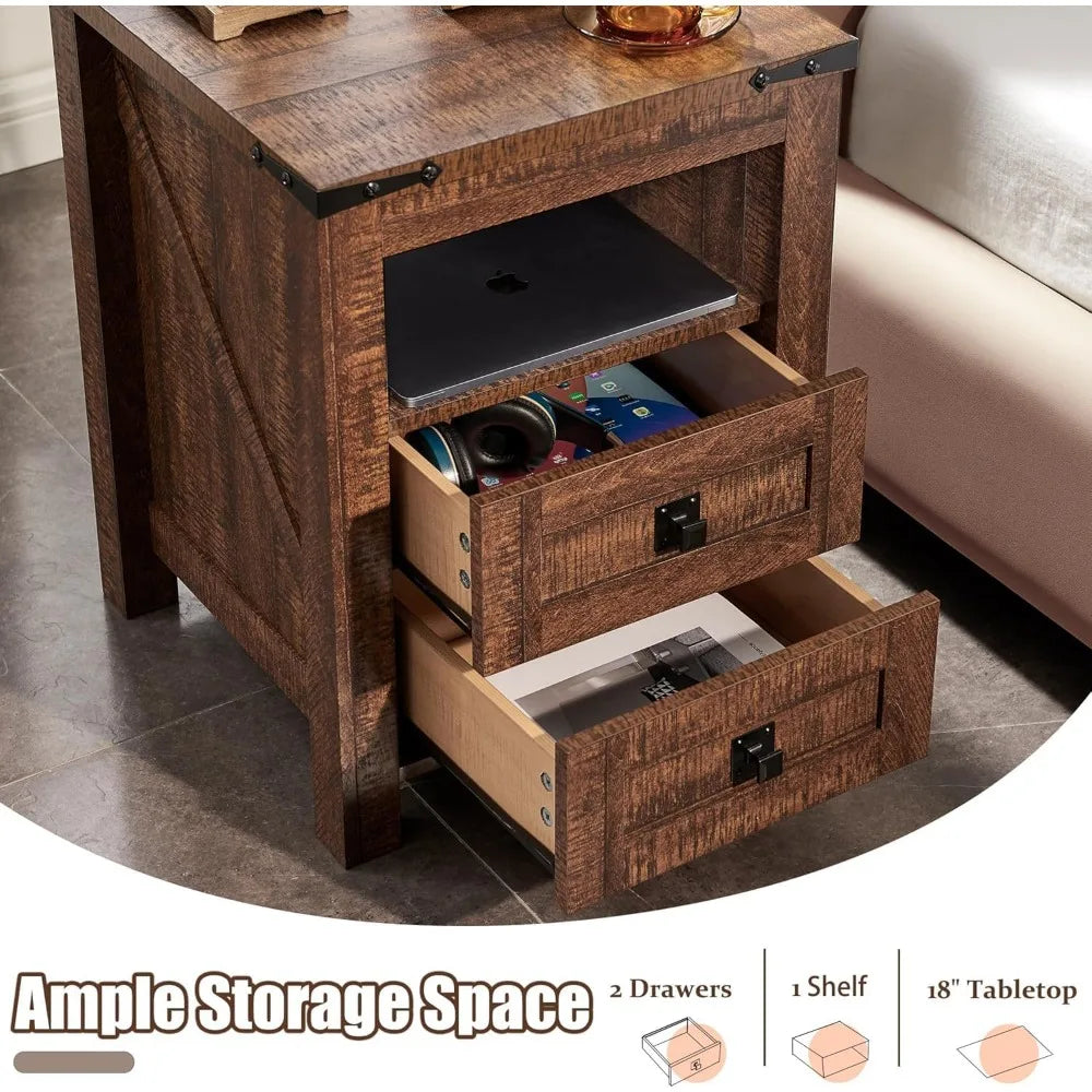 Farmhouse Nightstand Set with Charging Station Rustic Bedroom Nightstands