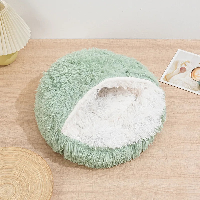 Winter Ultrasoft Plush Round Cat Bed 2 In 1 DeluxeNest