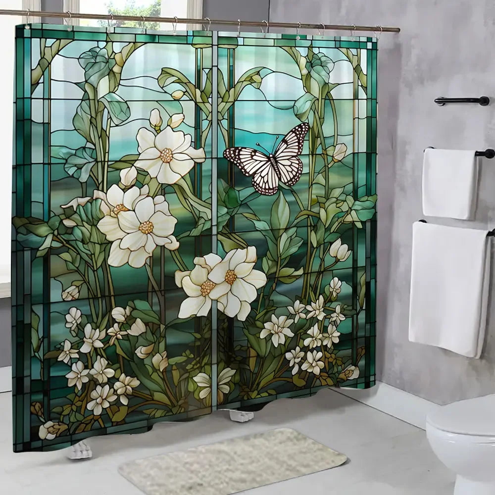 Colourful Glass Meadow Flower Butterfly Print Polyester Fabric Shower Curtain Home Hotel Apartment Bathroom Shower Curtain Decor