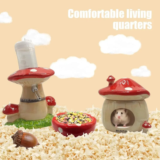 Mushroom Ceramic Hamster Hideout With Water Bottle Stand And Bowl