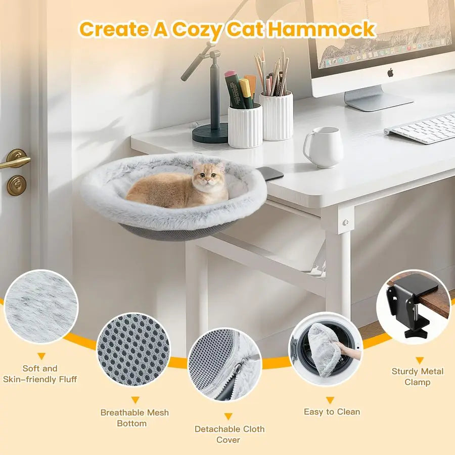 Cat Desk Bed With Clamp, Sunken Hammock And Plush Bed