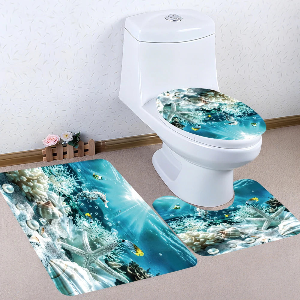 Ocean Bathroom Four-piece Set - Avant-garde Waterproof Shower Curtain, creating a complete bathroom kit