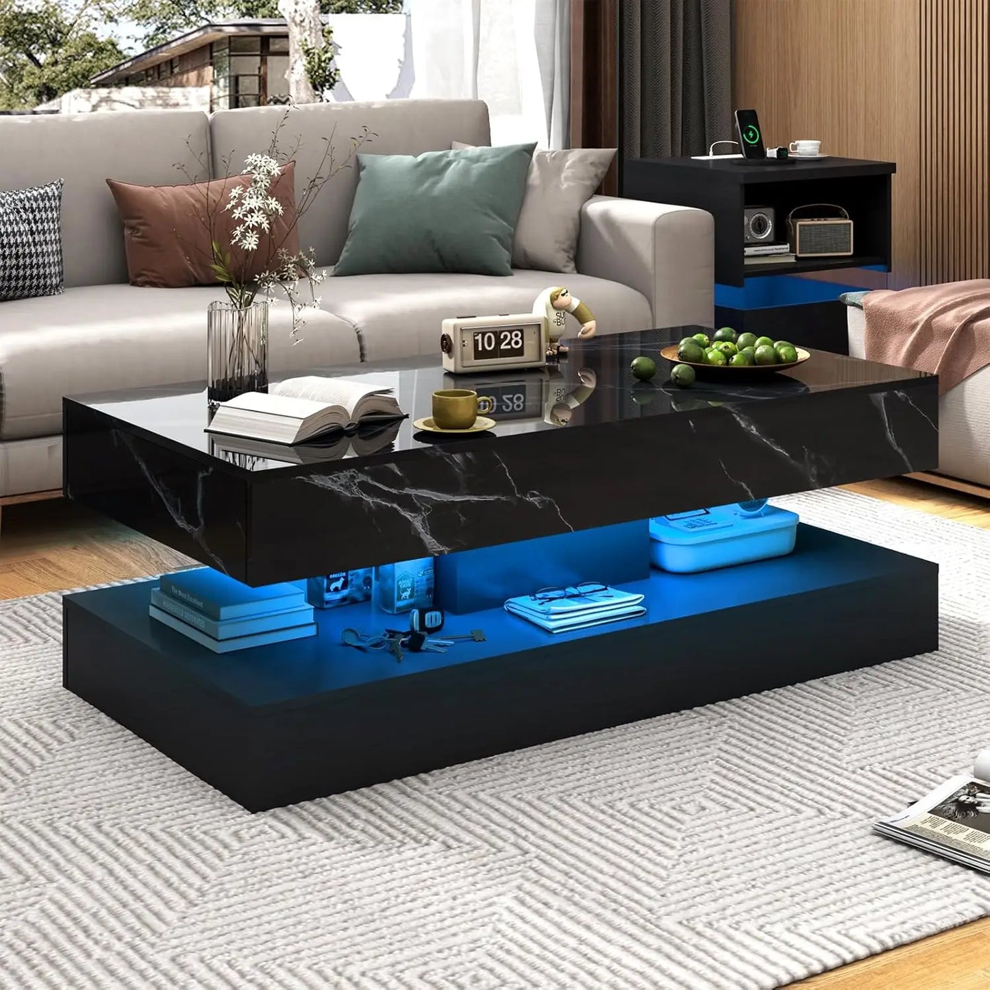 QiaoShiRen Modern LED Coffee Table With Double Layer Drawers