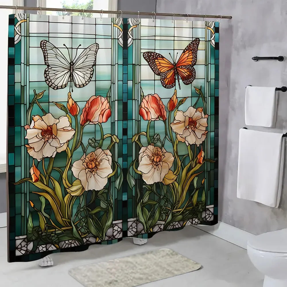 Colourful Glass Meadow Flower Butterfly Print Polyester Fabric Shower Curtain Home Hotel Apartment Bathroom Shower Curtain Decor