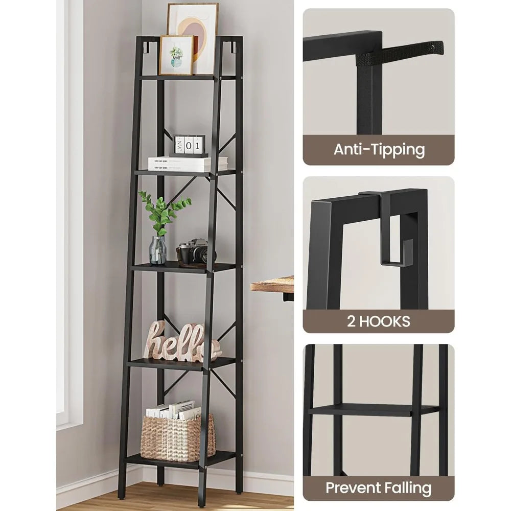 XIUWO Ladder Shelf Bookshelf With 2 Hooks Freestanding Corner Storage
