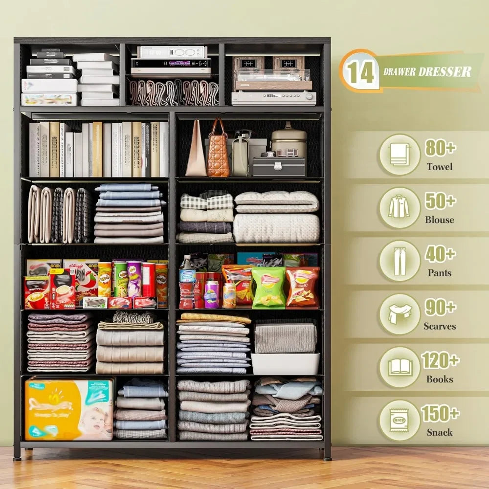 YQXH Tall Dresser With 14 Drawers Fabric Dresser Wood Top Metal Frame