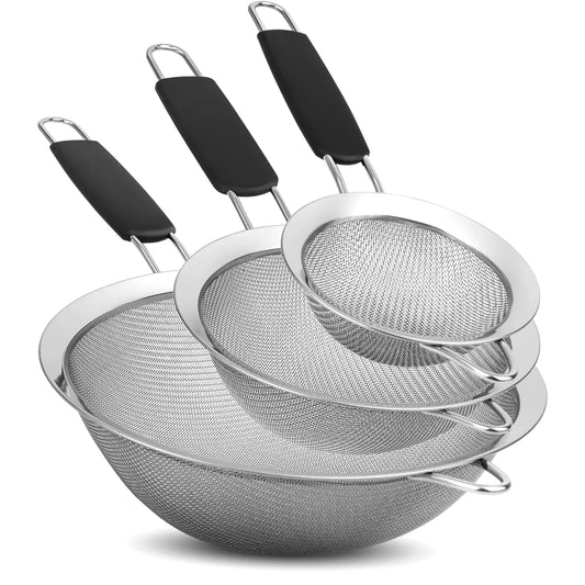 3 Pcs Fine Mesh Strainers Set of 3 Size with Handle,3.4",5.5",7.9" Kitchen Stainless Steel Strainer for Juicing,Pasta,Food,Flour