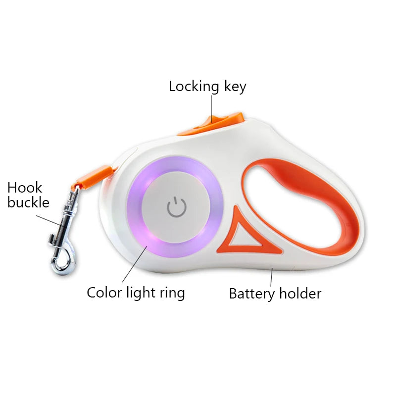 Automatic Retractable Dog Leash With LED Flashlight Nylon Lead