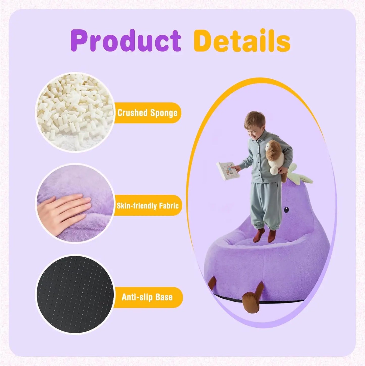 Eggplant Shaped Bean Bag Chair For Kids With Soft Plush Washable Cover