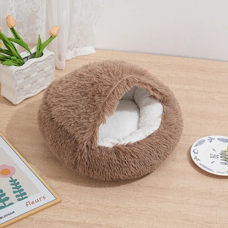 Winter Ultrasoft Plush Round Cat Bed 2 In 1 DeluxeNest