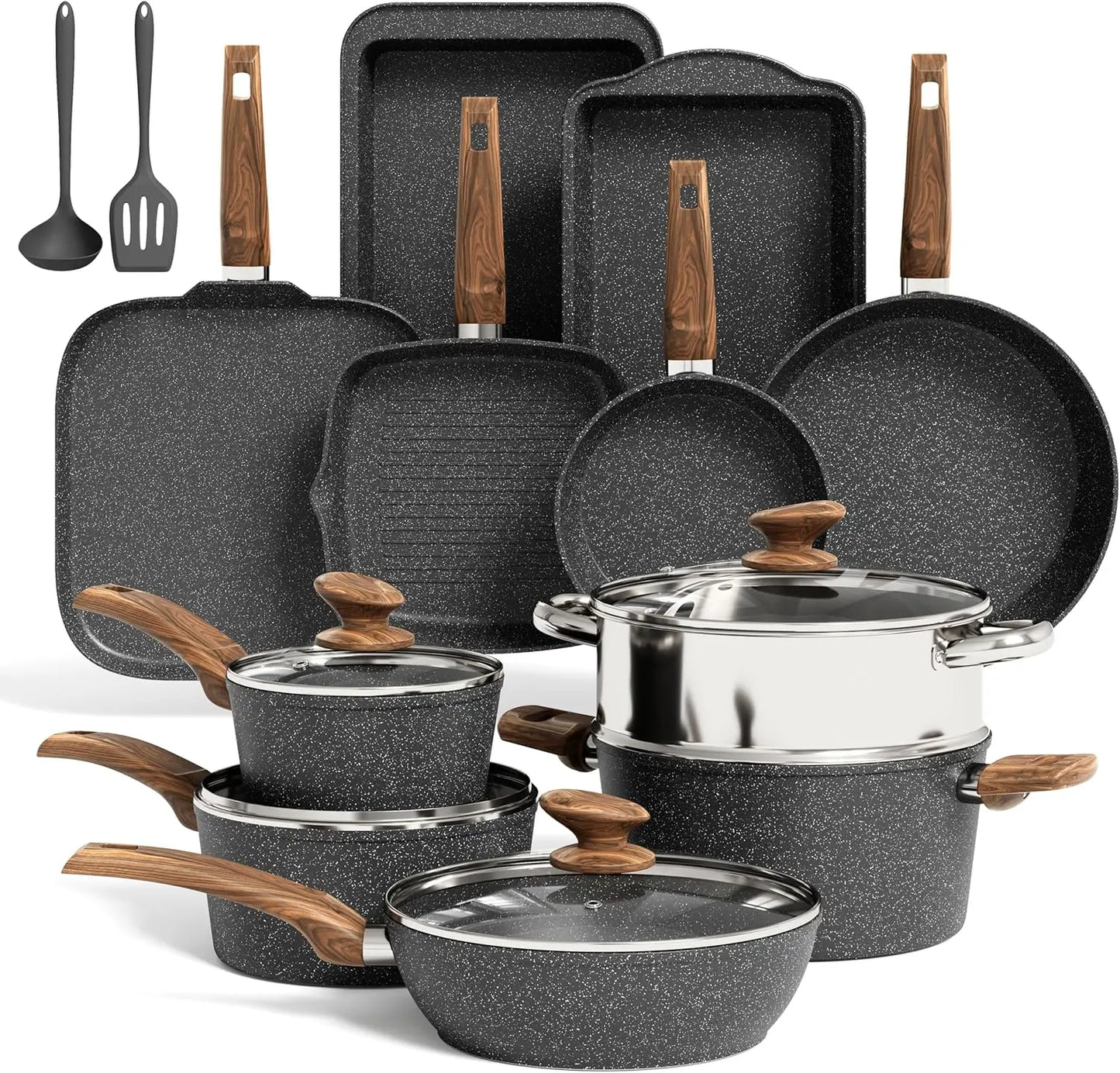 17Pcs Pots and Pans Set Non Stick, Nonstick Kitchen Cookware Sets, Black Granite Induction Cookware, Non-toxic Healthy Nonstick