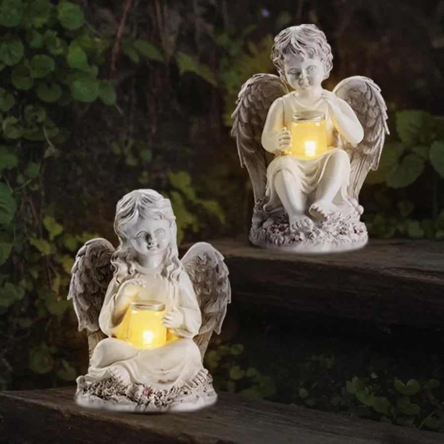 Two Angel Garden Statues Solar Outdoor Yard Decor Set