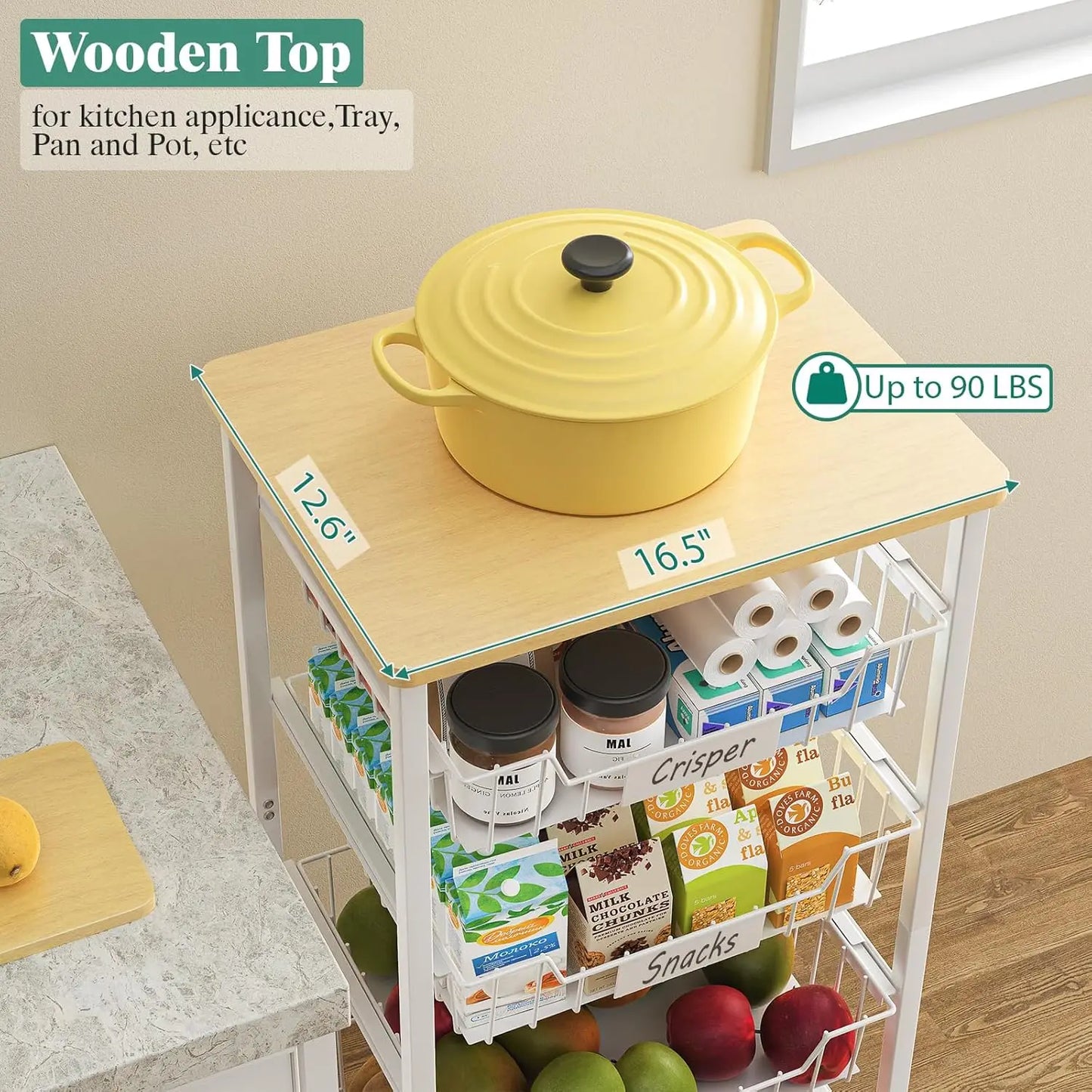 4-Tier Rolling Kitchen Cart With Wood Top And Drawer Baskets