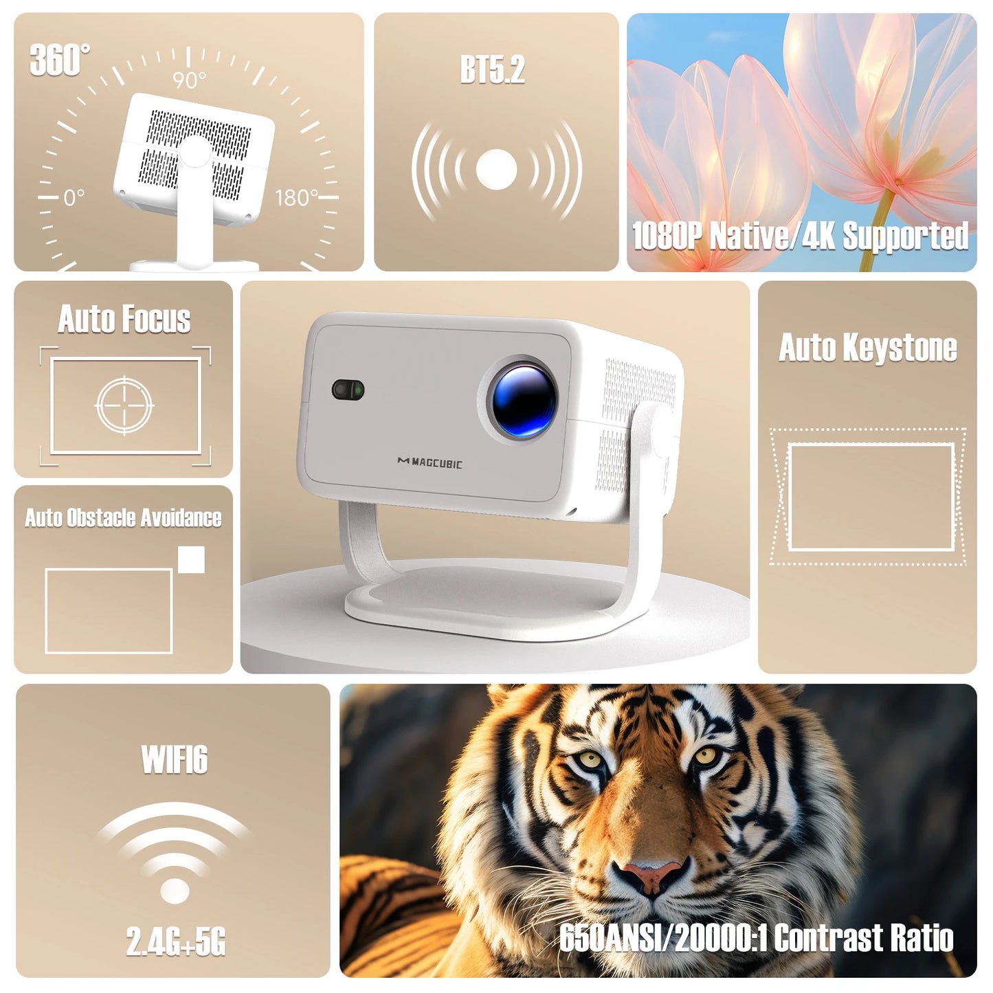 Magcubic Portable 1080P Projector Auto Focus Android 11 WiFi6
