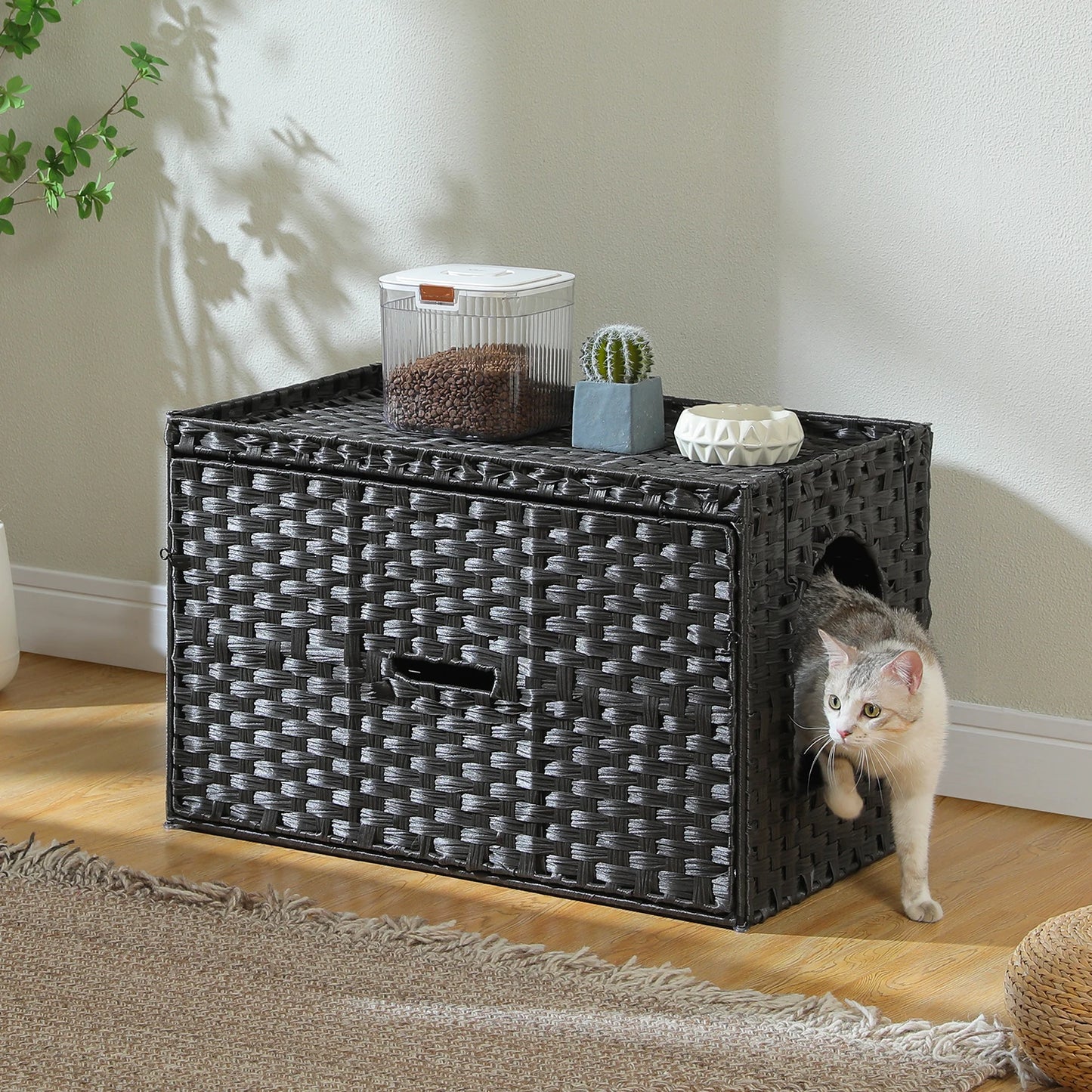 PEQULTICN Rattan Cat Litter Box Enclosure With Taller Doorway