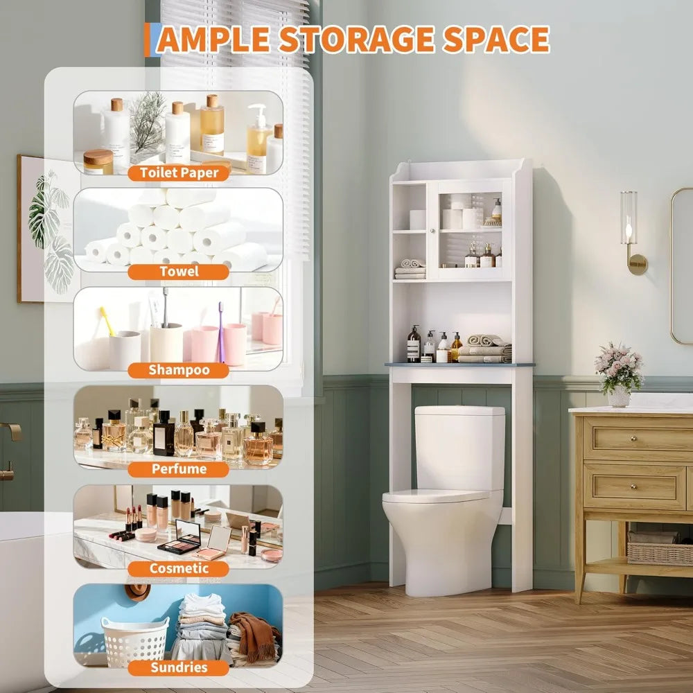 Tall Over Toilet Storage Cabinet With Glass Door