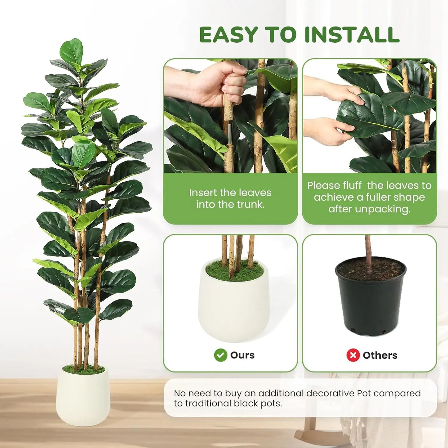 HiMISSCN Fiddle Leaf Fig Artificial Tree With Pot Indoor Decor