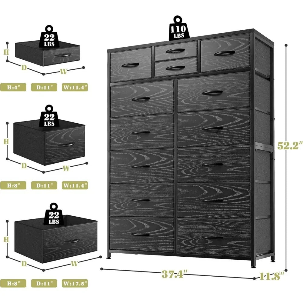 YQXH Tall Dresser With 14 Drawers Fabric Dresser Wood Top Metal Frame
