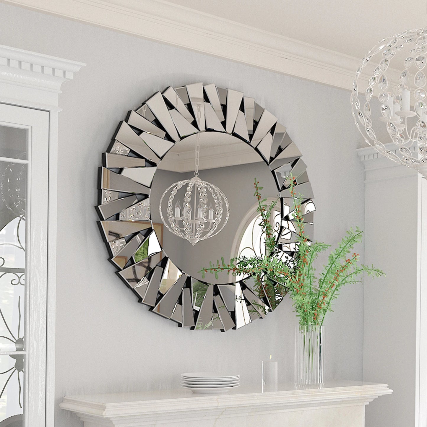 Wisfor Sunburst Round Wall Mirror Beveled Glass Modern Silver Finish
