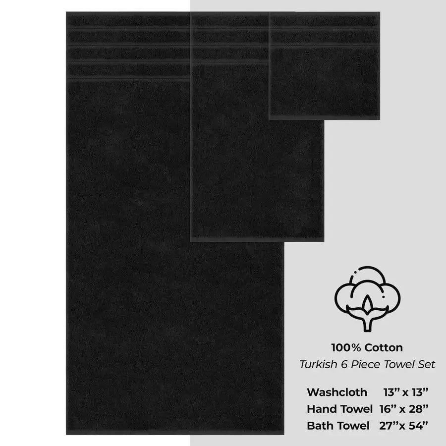 Luxury 6 Piece Towel Set, 2 Bath Towels 2 Hand Towel 2 Washcloths, 600 GSM 100 Cotton Turkish Towels for Bathroom, Black Towel S